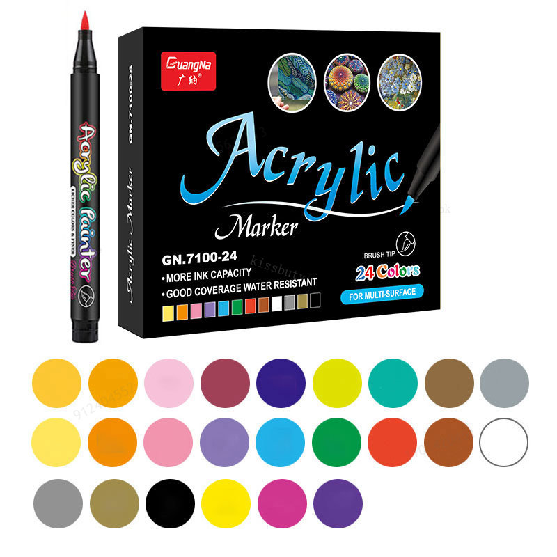 Stylo pinceau pour peinture acrylique 12-60 couleurs, marqueur d'art, stylo à pointe souple pour céramique, roche, verre, porcelaine, tasse, bois, tissu, toile: YELLOW