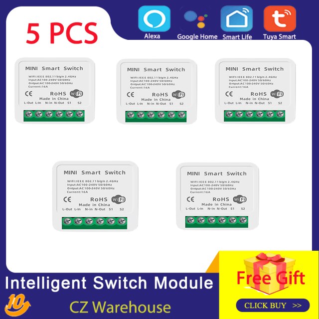 Tuya WiFi Switch Module Intelligent Home Household Converted Light Modification Module Tool Switch Controller APP/Voice Control: 5pcs