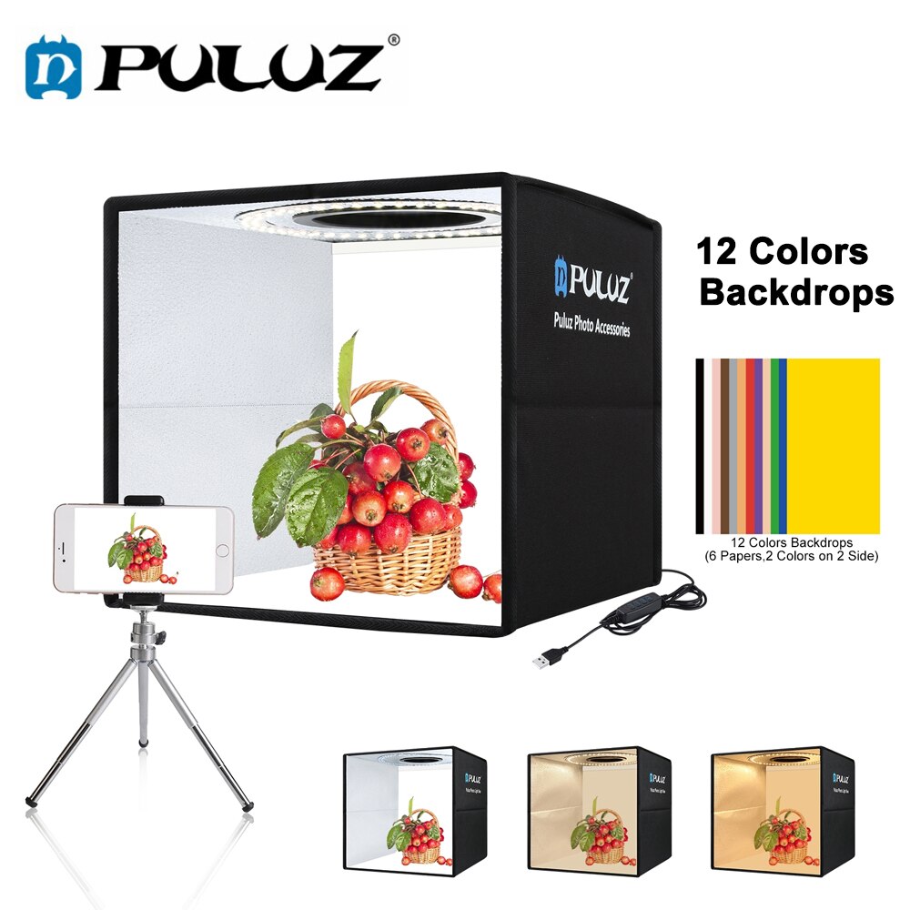 Puluz Photo Studio Lightbox 3 Model Led Light Photography Softbox Shooting Foldable Tent Box Kit &amp; 6/12 Backdrops Background