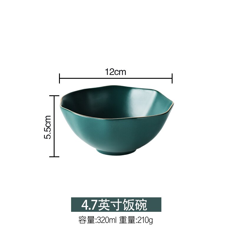 Plaat goud velg onregelmatige schotel thuis dineren plaat dark green keramische bestek set: 4.7-inch rice bowl