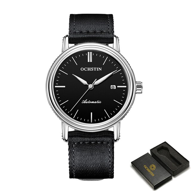 Ochstin Heren Horloges Mechanische Automatische Lederen Nylon Band Zakelijke Auto Datum Man Dress Horloge Waterdicht Mode Klok: silver black blackN