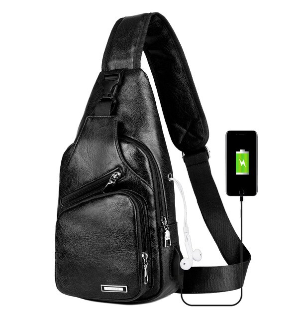 Sacs à bandoulière pour hommes sac de poitrine USB pour hommes sac de messager charge hommes sac de poitrine en cuir sac de messagers de voyage court scolaire: Black