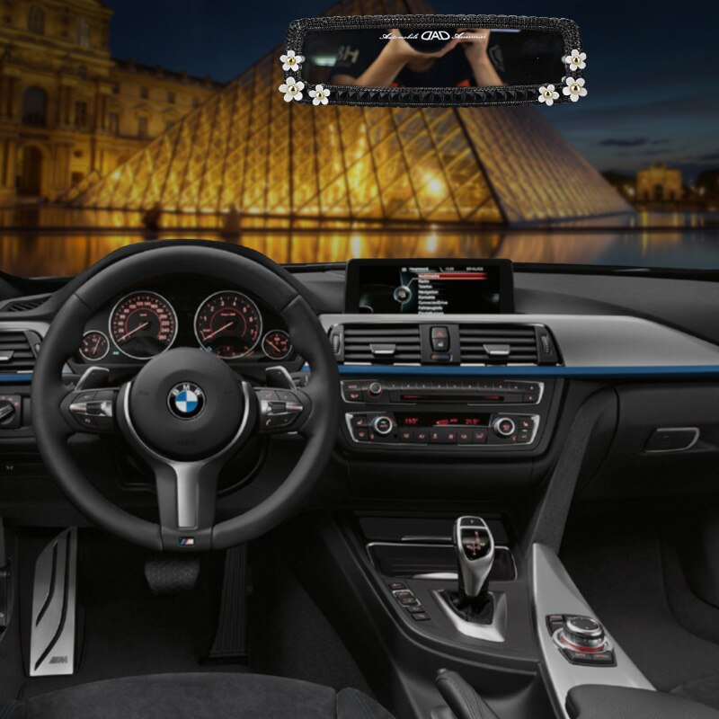 Bil diamant interiør bakspeil dekorasjon tusenfryd blomst krystall bil bakspeil til jenter kvinner auto tilbehør svart
