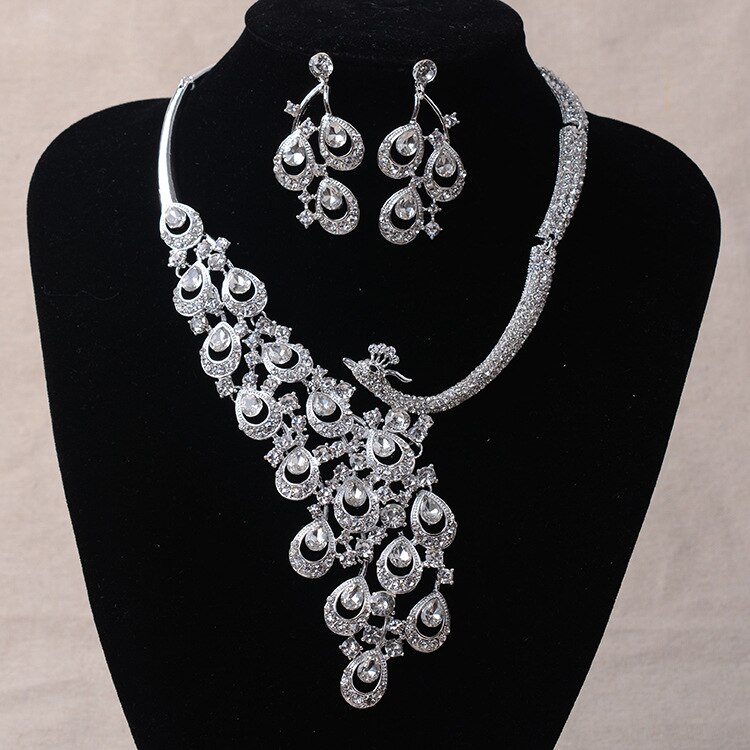 Luxury Gold Rhinestone Peacock Bridal Jewelry Sets Silver Plated Crystal Statement Necklace Earrings Sets Wedding Jewelry Set: Silver White