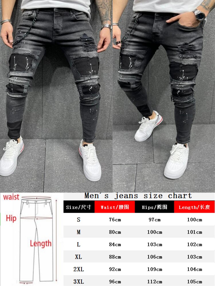 Men Ripped Skinny Jeans Male Hole Denim Pants Four Seasons Streetwear Cowboy Trousers Black Dating Hip-Hop Pants