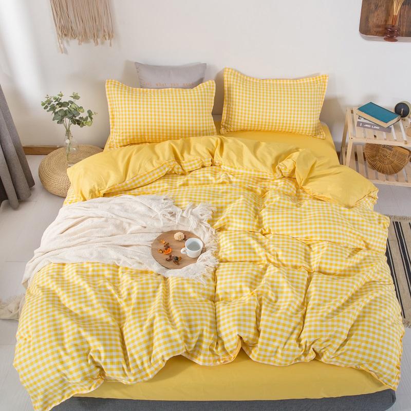 Japanse beddengoedset 220 x 240 dekbedovertrek met kussensloop , 210 x 210 dekbedovertrekken, gele geruite dekenhoes, kingsize bedset