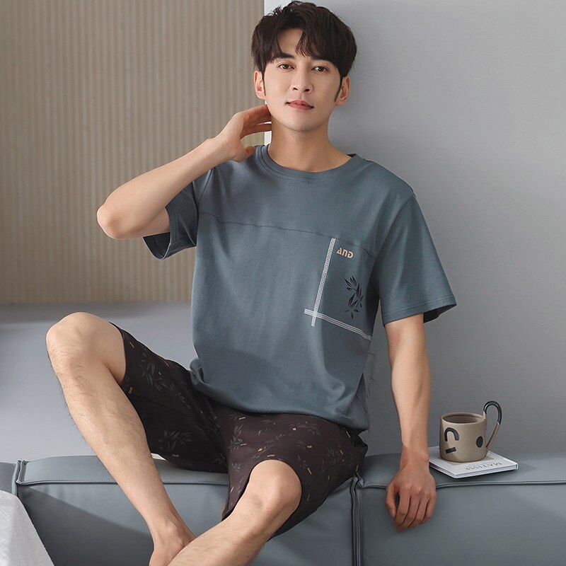 Pyjama 100% coton pour hommes, manches courtes, grande taille 4XL, vêtements de nuit, haut court + pantalon court, ensemble 2 pièces, été