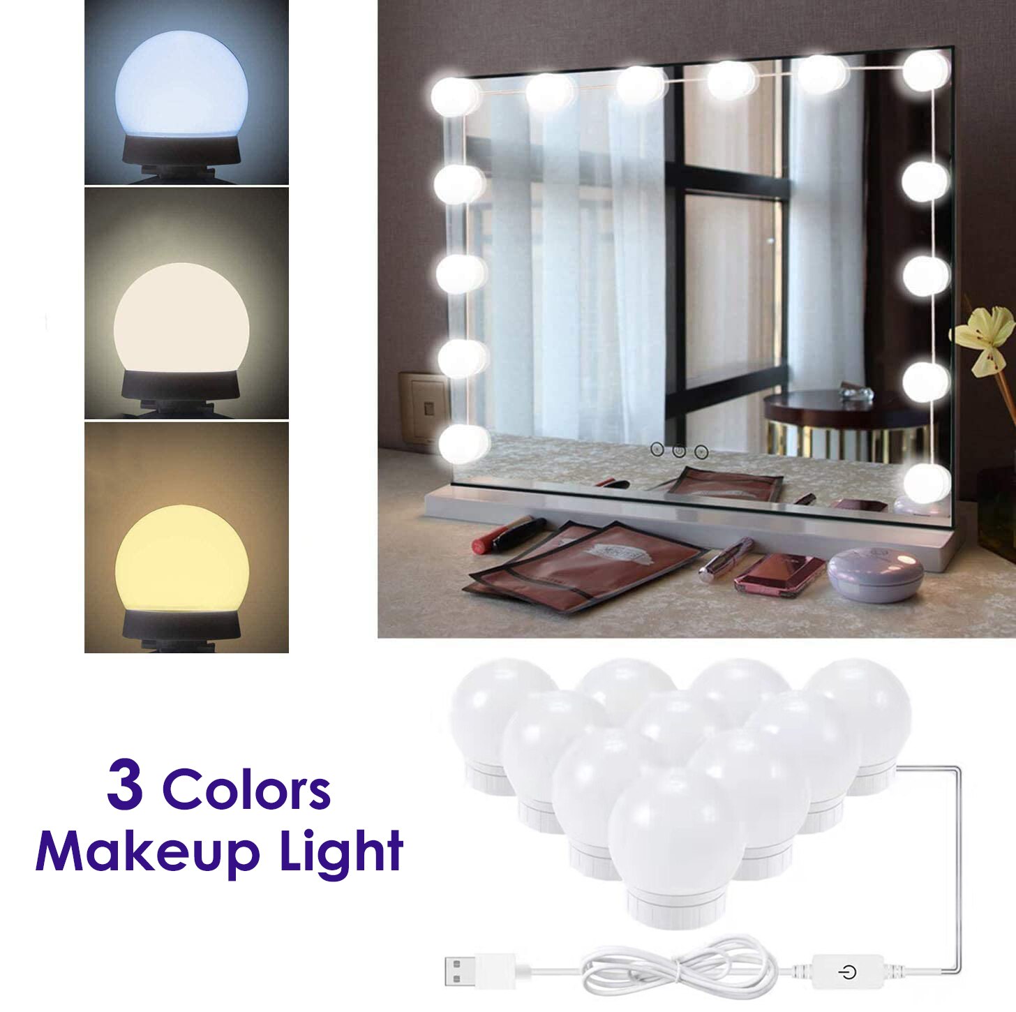 3 Modes Kleuren Make-Up Spiegel Licht Led Touch Dimmen Ijdelheid Kaptafel Lamp Usb Hollywood Make Up Spiegel wandlamp