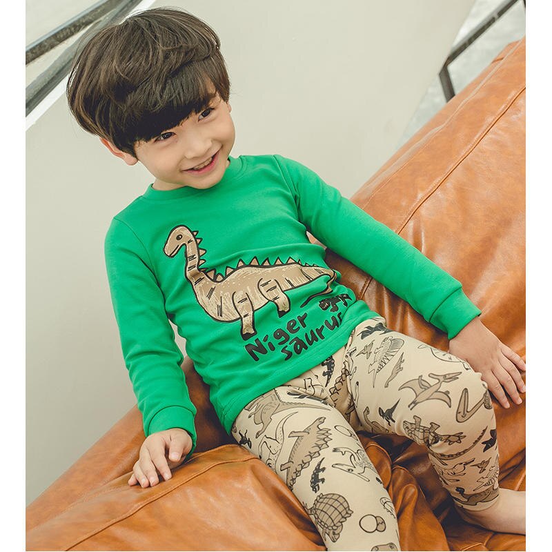 Kids Boys Cotton Blend Long Sleeve Dinosaur Print Round Neck Thermal Underwear Two-Piece Long Trousers Outfit Clothes Set