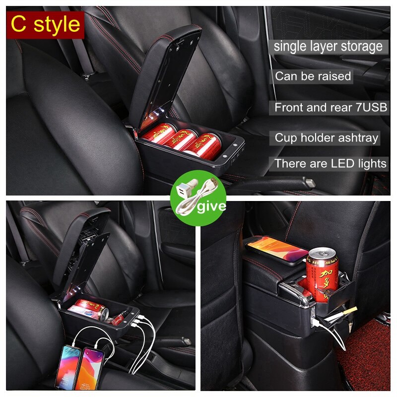 Armrest Box For Toyota Avanza Central Console Storage Retractable Rotatable Ashtray Cup Holder PU Leather USB Accessories: C Styke Black Red