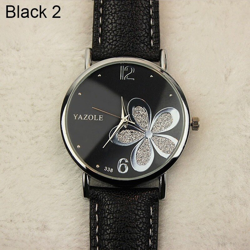 Watches Women Leather Strap Flower Female Clock Ladies Quartz Wrist Watch Montre Femme Relogio Feminino: black