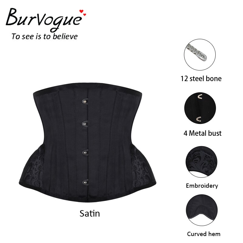 Burvogue Underbust Taille Controle 12 Stalen Botten Corset Bustiers Korte Cincher Borduren Taille Trainer Vrouwen Satijnen Corset
