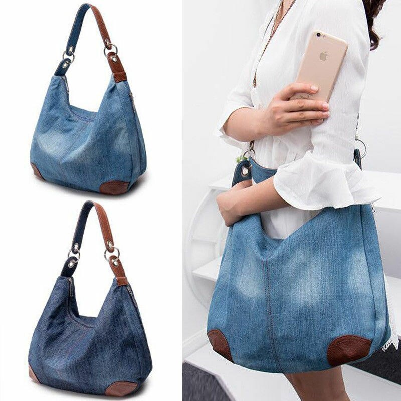 Bolso de mano vaquero de lona de gran capacidad para mujer, bolsa de compras de un hombro, , versión coreana, , Color sólido informal,