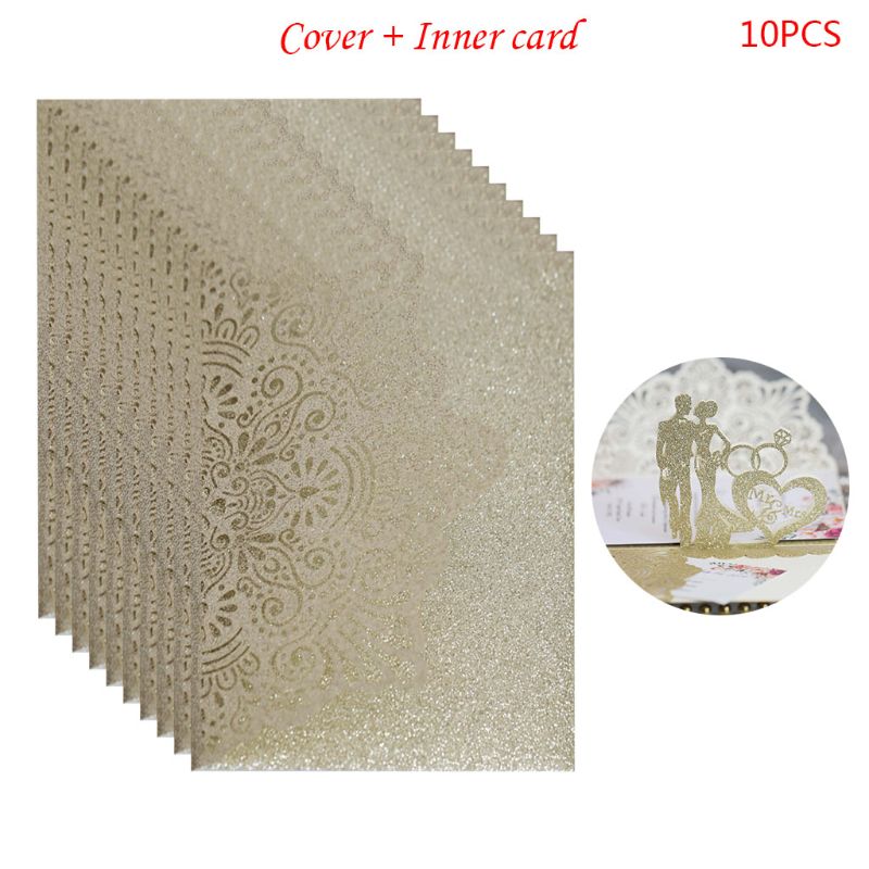 10Pcs Bride Groom Hollow Wedding Invitations Card Delicate Carved Lace Romantic Greeting Cards Decor Party Supplies: Gold