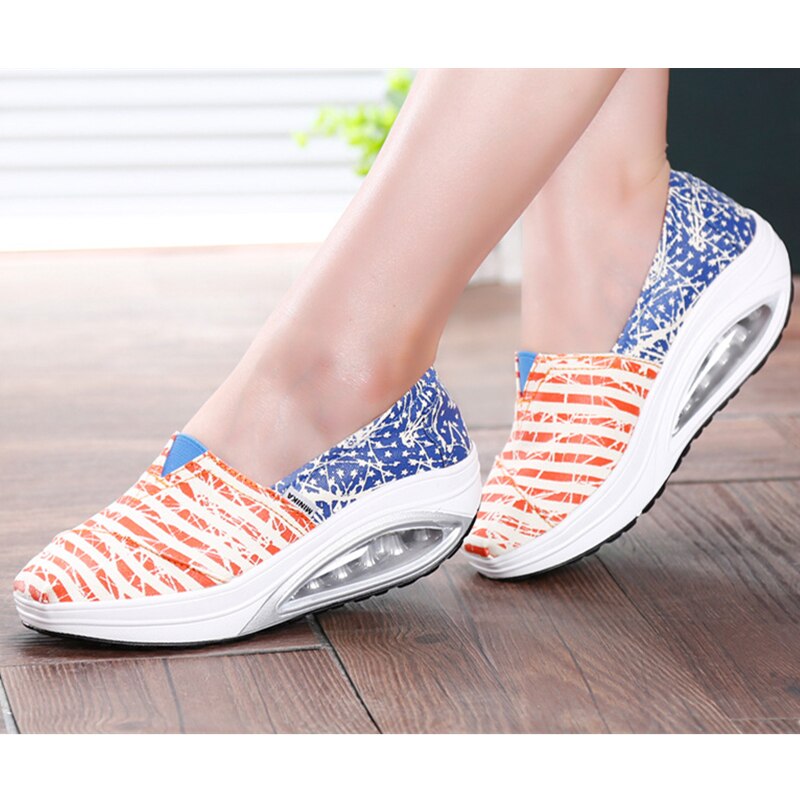 Spring Summer Women Toning Shoes Slip-on Lazy Shoes Canvas Stripe Breathable Loss Weight Slimming Cushion Sneakers