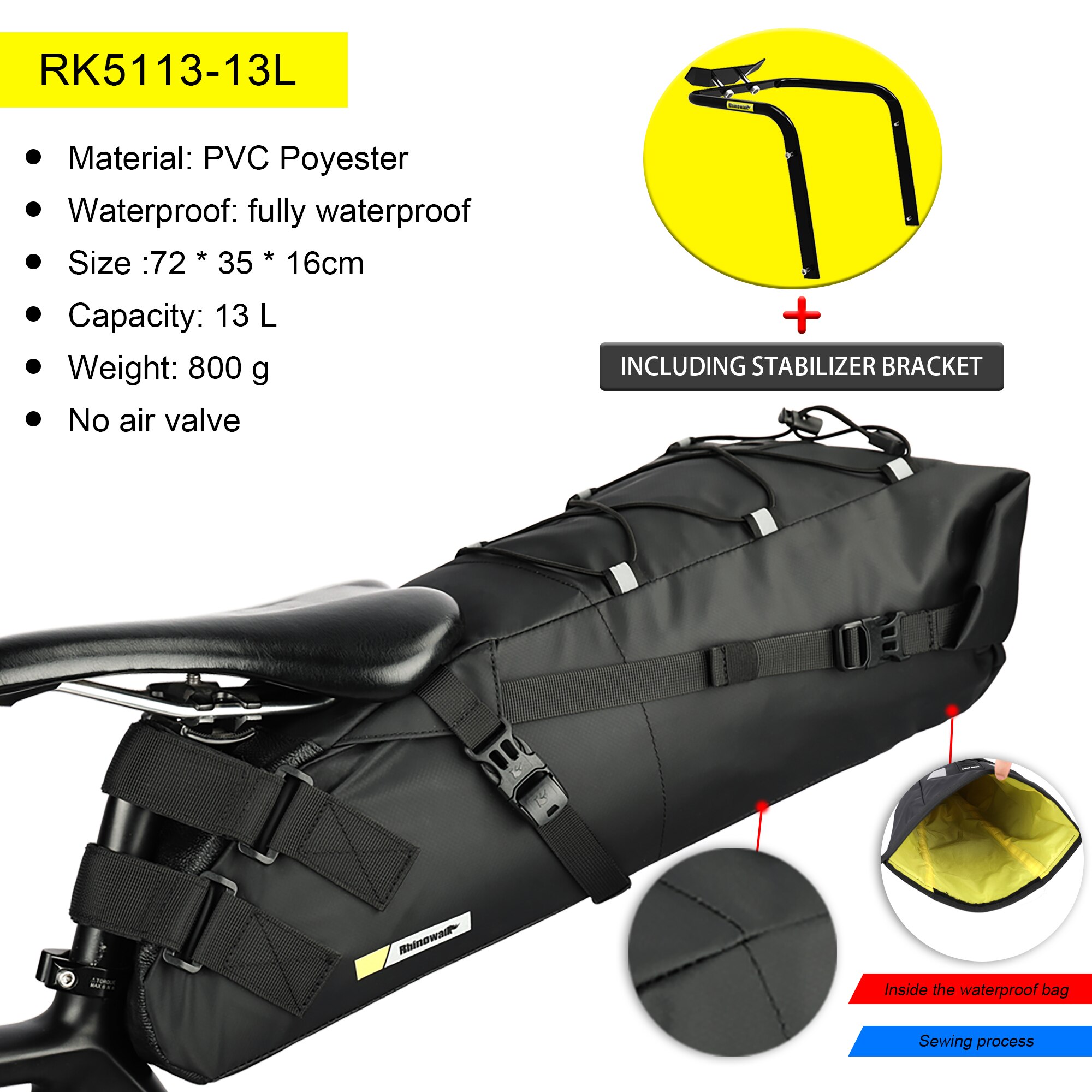 Rhinowalk Wasserdichte Fahrrad Sattel Tasche &Ampere; Stabilisator Halterung 10L-13L Große Kapazität Schwanz Hinten Fahrrad Tasche Radfahren MTB Stamm Koffer