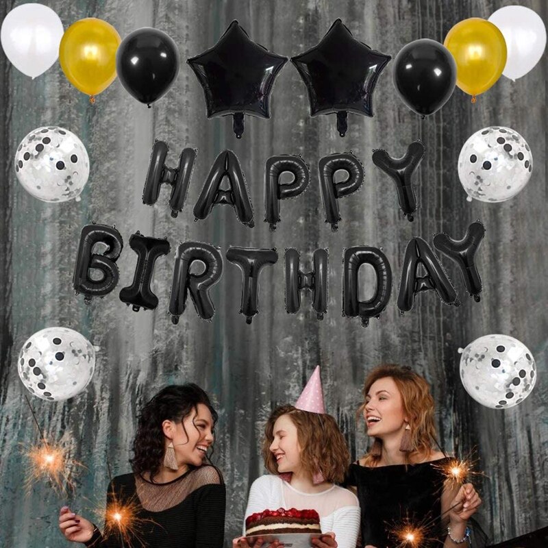 Black Happy Birthday Balloons Birthday Party Decor Letters Balloons+Giant Star Foil and Confetti Balloons+Latex Balloons