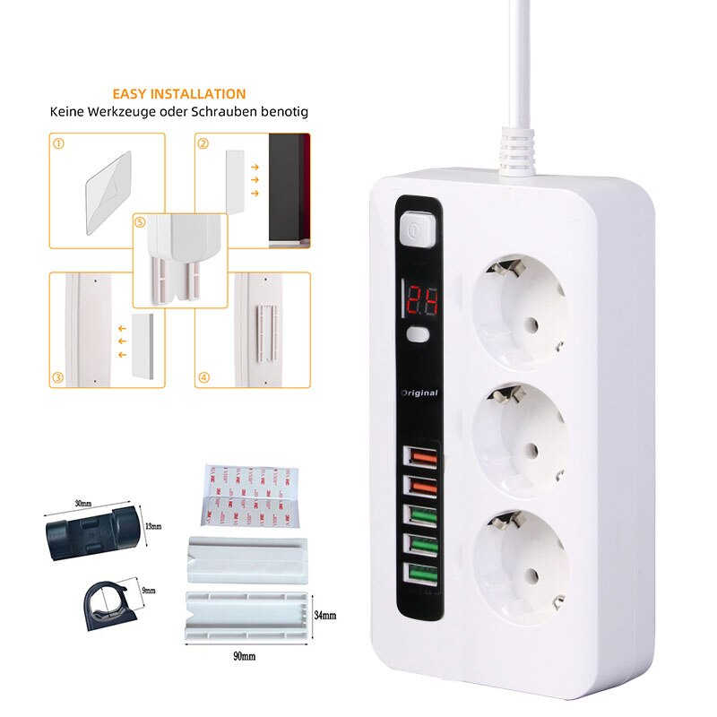 24 Hours Timer Power Strip Surge Protector 3 EU Plug Outlets Electric Socket with 5USB Charger Adapter Dock 5V 3.4A 2m Cord: EU white