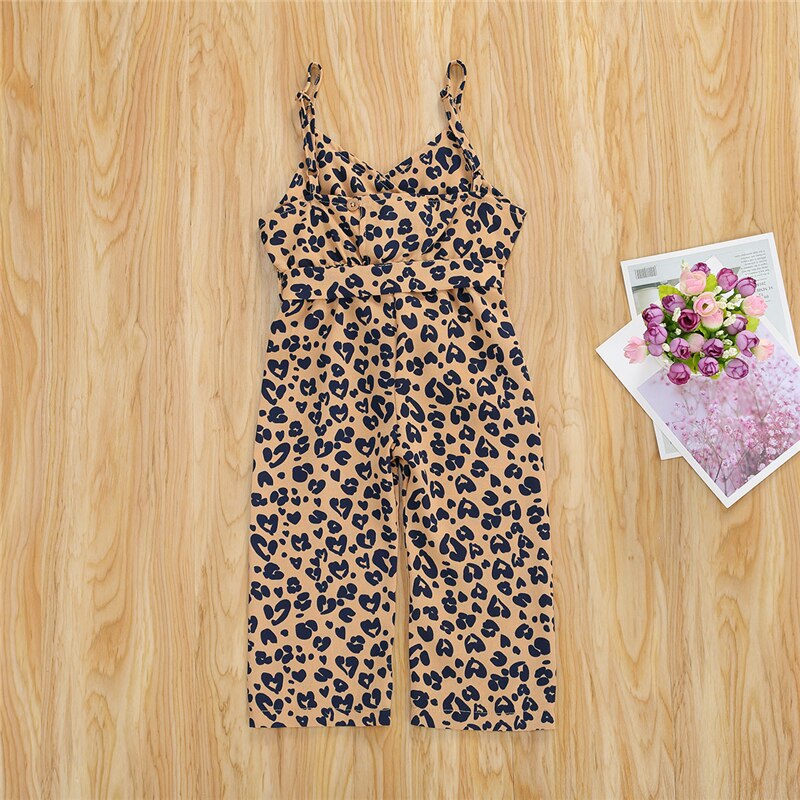 1-6y børn baby piger tøj leopard print overalls casual bukser ærmeløse v-hals bælte sommer romper jumpsuits 4 farver