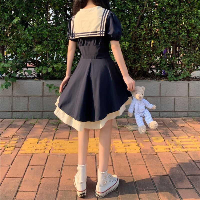 Japanese College Short Sleeve Dress Girls Sailor Medium-length Dress Summer JK Uniforms Dress school uniform