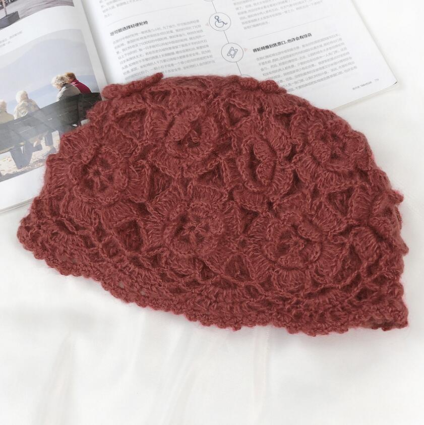 Härliga vinter virkade hattar för kvinnor mössor mössor blommor handgjord stickad hatt kvinnlig spets hatt chapeu feminino gorras: Vin, röd