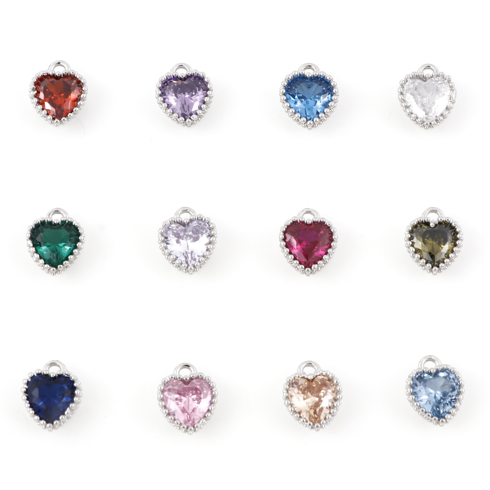 Abalorios de piedra de nacimiento de 2 piezas, 12 colores, corazón, Color plateado, colgantes para collar, pulsera, fabricación de joyas, cuentas de diamantes de imitación Diy, 8x6,5mm