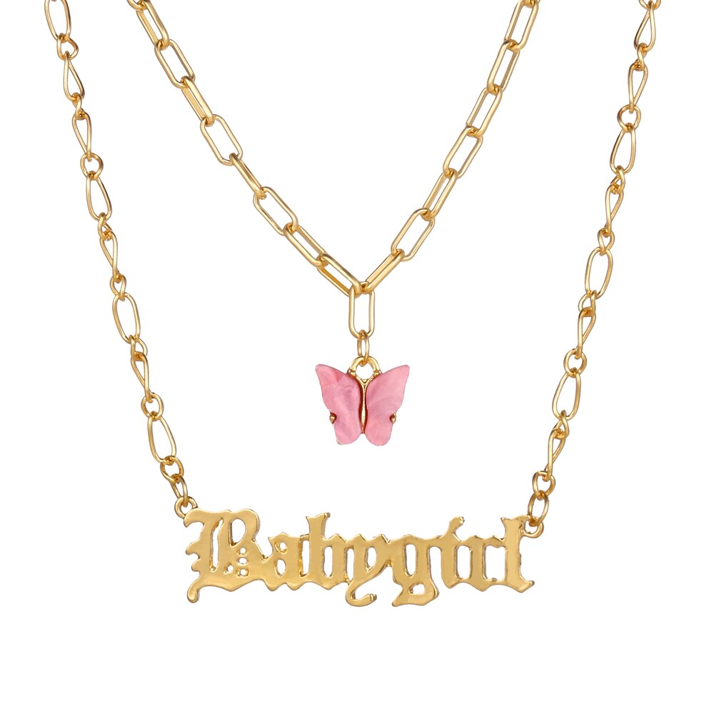 17KM Trendy Multilayered Butterfly Chain Necklace For Women Gold Pink Pistal Pendant Chain Necklaces Jewelry: CS5137202