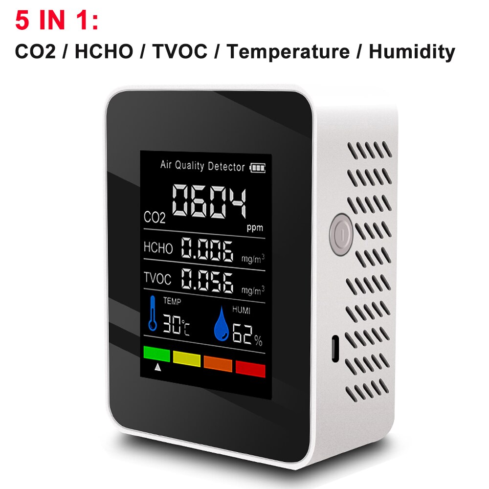 Multifunctionele 6 In 1 CO2 Meter Digitale Temperatuur Vochtigheid Tester Co2 Sensor Tvoc Hcho CO2 PM2.5 Detector Luchtkwaliteit Monitor: 5 in 1 White