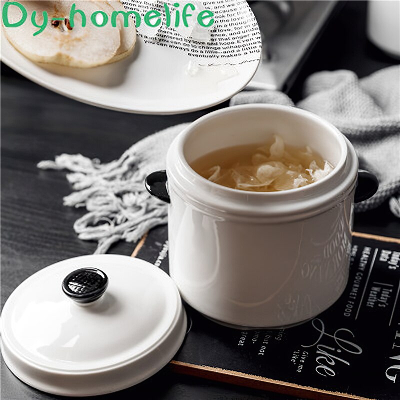 Ceramic Stew Pot Korean Double Ear Double Cover White Round Soup Bowl Cooking Utensils Household Kitchen Supplies Tableware