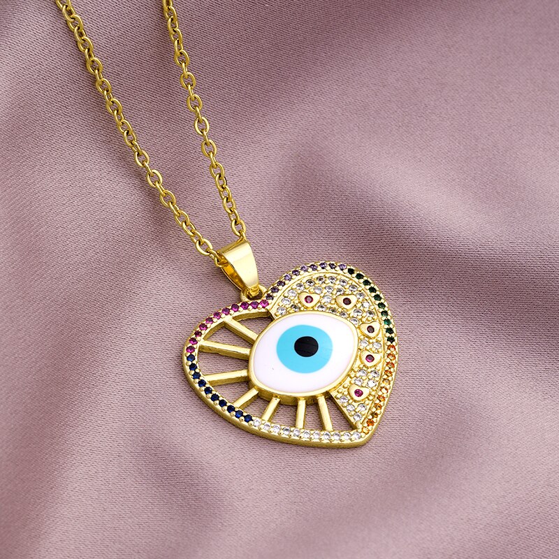 Evil Eye Pendant Necklaces Stianless Steel Chain Gold Color Turkish Girls Women Blue Devil Eye Jewelry: Heart White / 45cm