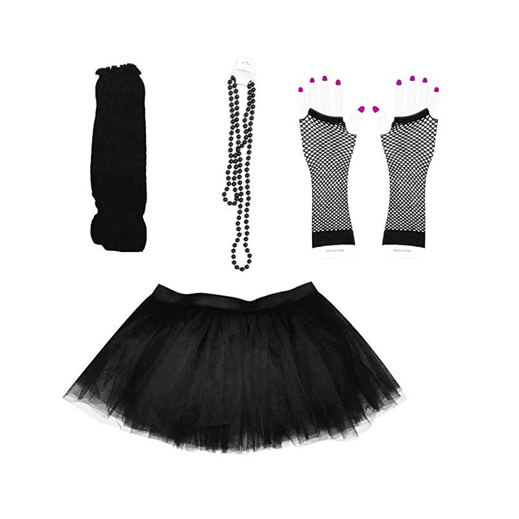 Halloween cosplay 80s kostymtillbehörsset i love 80s kjol halsband armband benvärmare t-shirt för festtillbehör: Svart