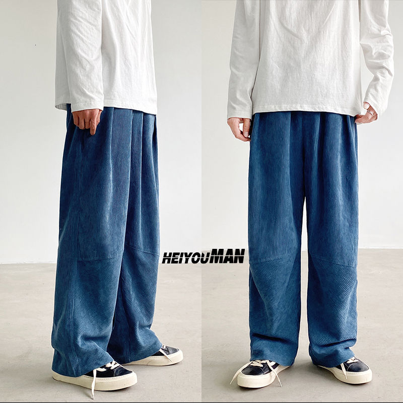 Efterår fløjlsbukser herre & #39 ;s retro afslappet snor lige bukser herre streetwear løse hip-hop plisserede bukser herre: M / Tåge blå