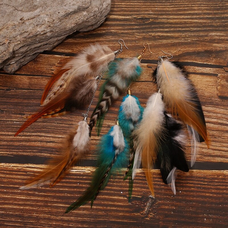 1PCBoho długi Retro pióro przesadzone kolczyki kobiety tajlandia Indian w kształcie kropli RhinestoneChainTassel kolczyki biżuteria ślubna