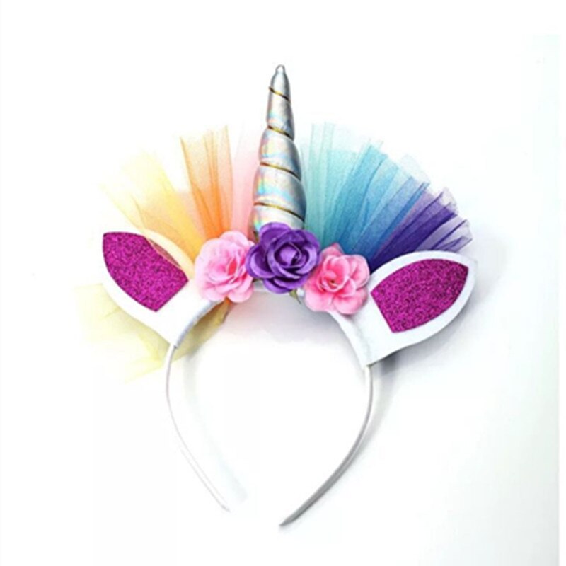 1PC Glitter Unicorn Horns Headbands for Kids Beautiful Flower Headwear Rabbit Ears DIY Hair Accessories Halloween Party: silver