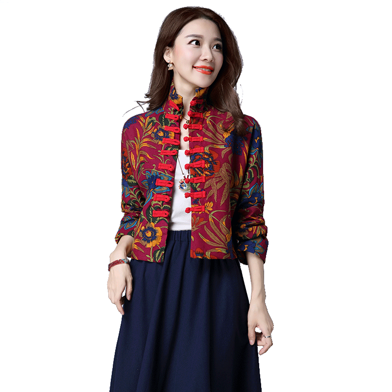 Camisa Floral roja para mujer, blusa Vintage tradicional china Tang, ropa Oriental, Tops Retro, abrigo de cuello mandarín 10436