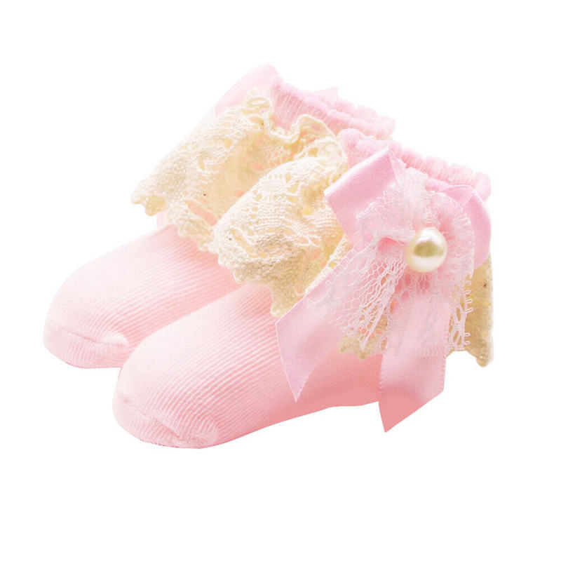 WunderschöNe prinzessinnensocken für babys und kleinkinder, atmungsaktive baumwollsocken mit spitze, kuschelig weich, mit schleife.: Rosa