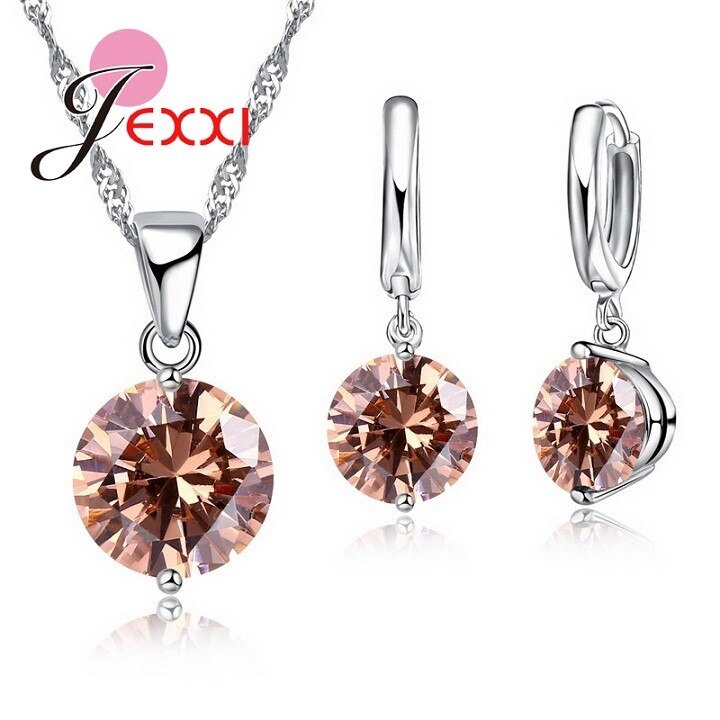 Conjunto de joyas para mujer, Plata de Ley 925 auténtica, cristales redondos, CZ, colgante, collar, pendientes, novedad: Champagne