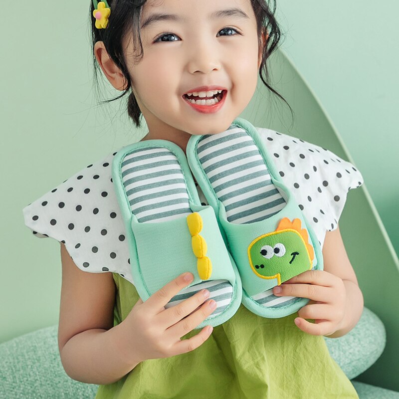 Printemps automne enfants pantoufles pour garçons filles fond souple anti-dérapant intérieur maison chaussures enfants dinosaure respirant lin pantoufles