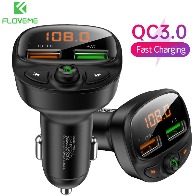 Floveme Quick Charge 3.0 Voor Iphone Xiaomi Autolader Usb Fm-zender Draadloze Handsfree Audio Ontvanger Auto MP3 Speler Led