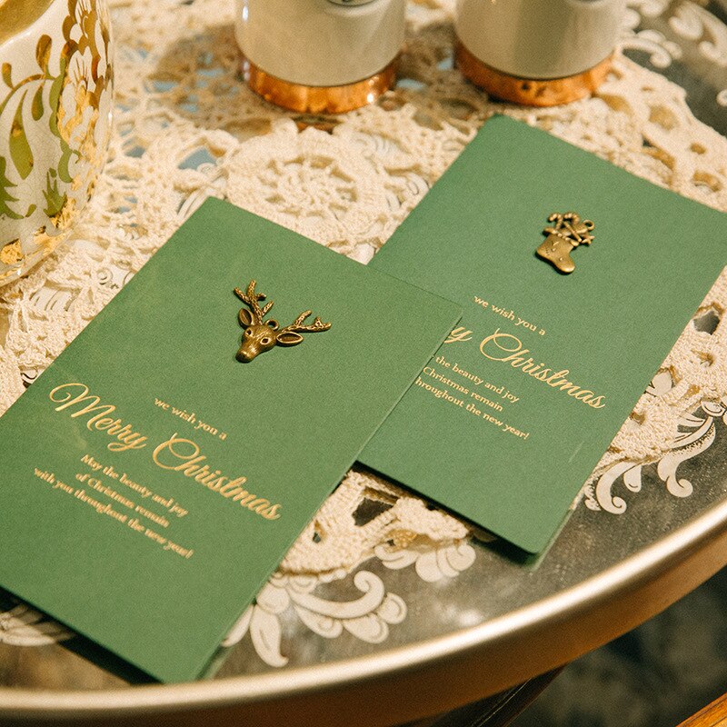 10Pcs/Set Vintage DIY Christmas Green Greeting Cards with Envelope Party Gold Embossed Invitation Postcards