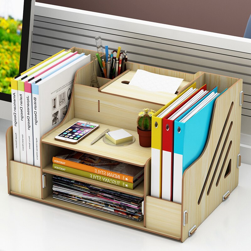 DIY Wood Desk Set Office Book Desktop Paper Folder Storage Box with Drawer Book Stand Rack Wooden