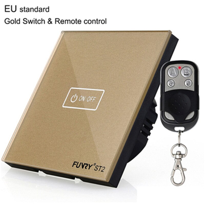 EU Standard Switch Original FUNRY ST2 1Gang Remote Control light switch Crystal Tempered Glass Panel touch switch 170-240V RF433: Gold remote control