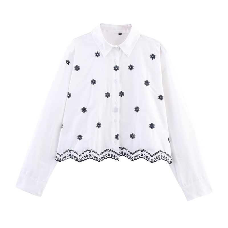 YENKYE Blumen- Stickerei Weiß Ernte Shirt Frauen Bluse Vorne Revers Kragen Langarm lässig Büro Hemden Blusas Mujer