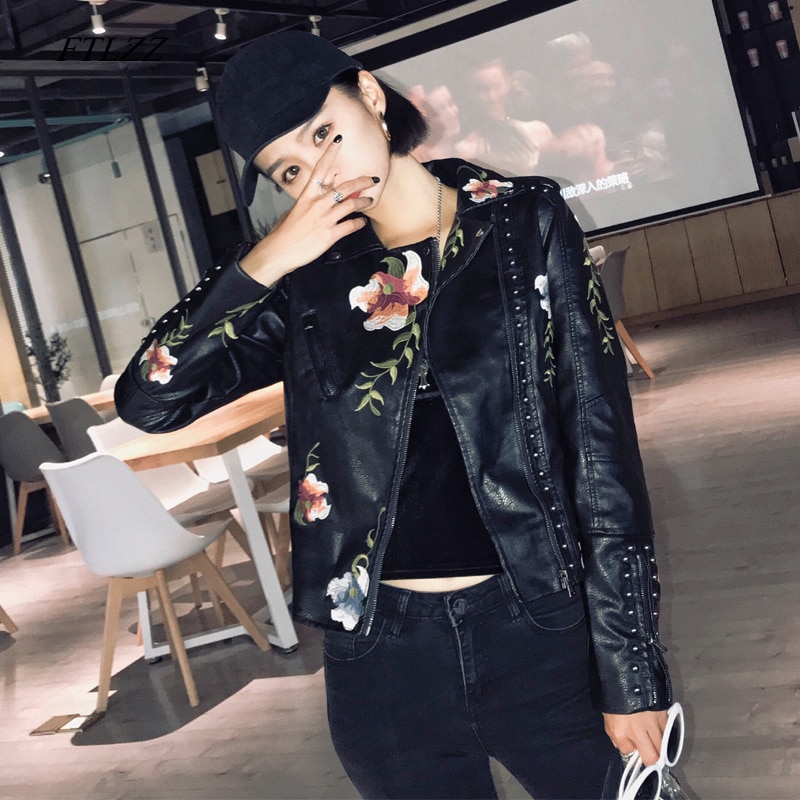 FTLZZ-chaqueta de cuero PU con bordado Floral para mujer, abrigo con cuello vuelto, ropa de calle, prendas de vestir Punk negras para motocicleta