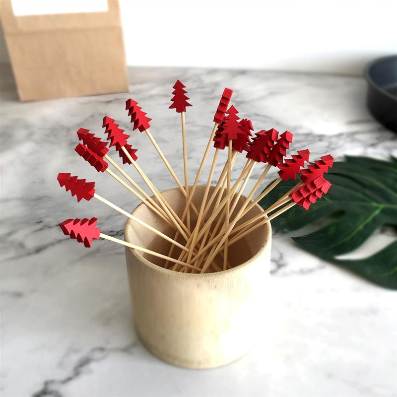 100/200PCS Bamboo Cocktail Picks Disposable Fruit Cake Sticks Christmas Tree Shape Toothpicks for Appetizer Party Bar