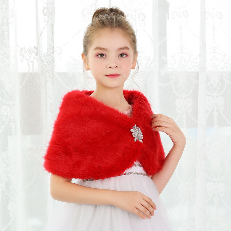 Veste en fausse fourrure blanche pour enfants, Cape de mariage pour filles, enveloppes de robe de Communion, Cape boléro d&#39;hiver, veste avec broche châle: Red / S Height  90-110cm