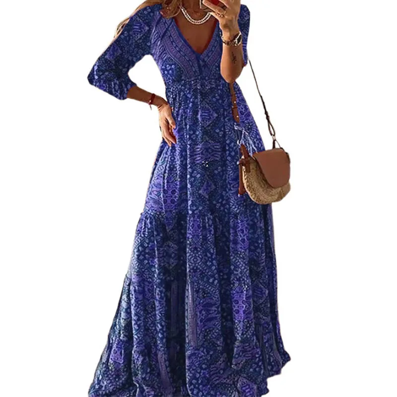 Robe longue à manches 3/4 pour femme, style bohème européen et américain, taille haute, col en V, imprimé fleuri fragmenté,