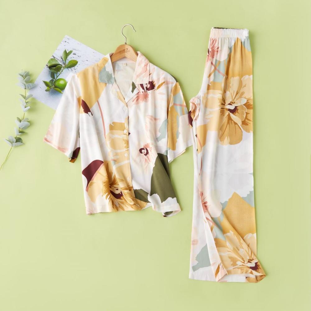 Kvinder sommer pyjamas kortærmet viskose bomuld hjemmetøj kvindelige trykte bukser homewear jakkesæt plus size loungewear: Gul / L