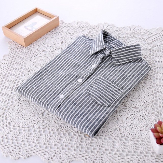 automne femmes hauts et chemisiers à manches longues rayé Blouse chemise femmes chemises décontractées femme collège Style: Ardoisé / XXL