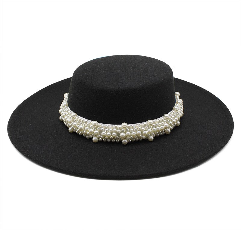 Gorro con lazo redondo para mujer, sombrero de ala ancha con perla y cadena, sombrero de playa, imagen , novedad, primavera y otoño: Negro